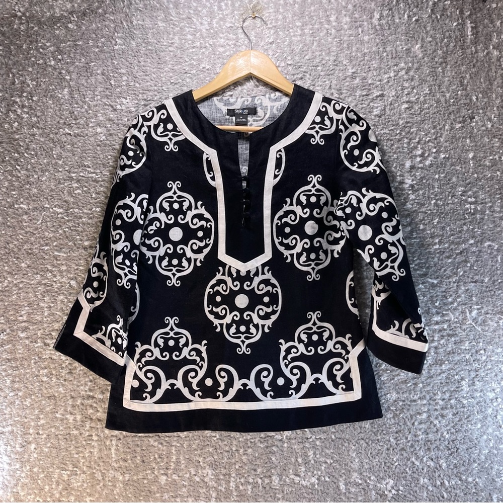 Style & Co Top 2P Black and White 100% Linen Popover Tunic Shirt Blouse Women's